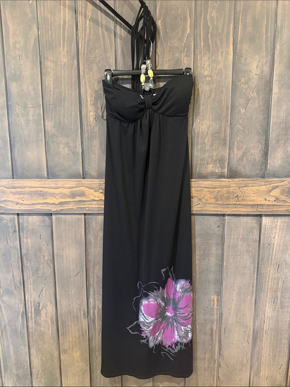 Derek Heart Black Strapless Maxi Dress with Pink Floral Hem sundress